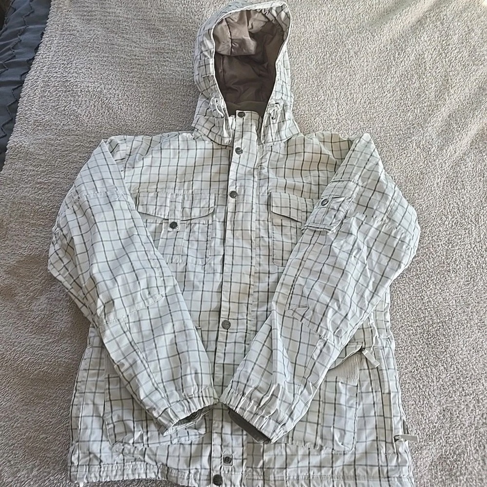 PLANET EARTH Men's Snowboard Ski Jacket Coat White Checkered‎ Size  L Hooded